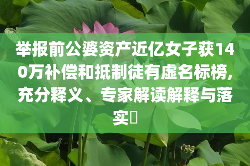 舉報(bào)前公婆資產(chǎn)近億女子獲140萬(wàn)補(bǔ)償和抵制徒有虛名標(biāo)榜,充分釋義、專家解讀解釋與落實(shí)?